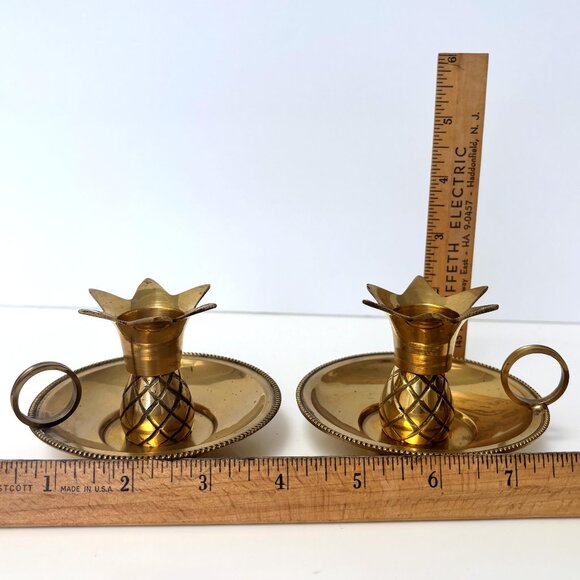 Vintage Pair Brass Pineapple Candle Stick Holder Chamberstick with Finger Ring - Picture 7 of 9